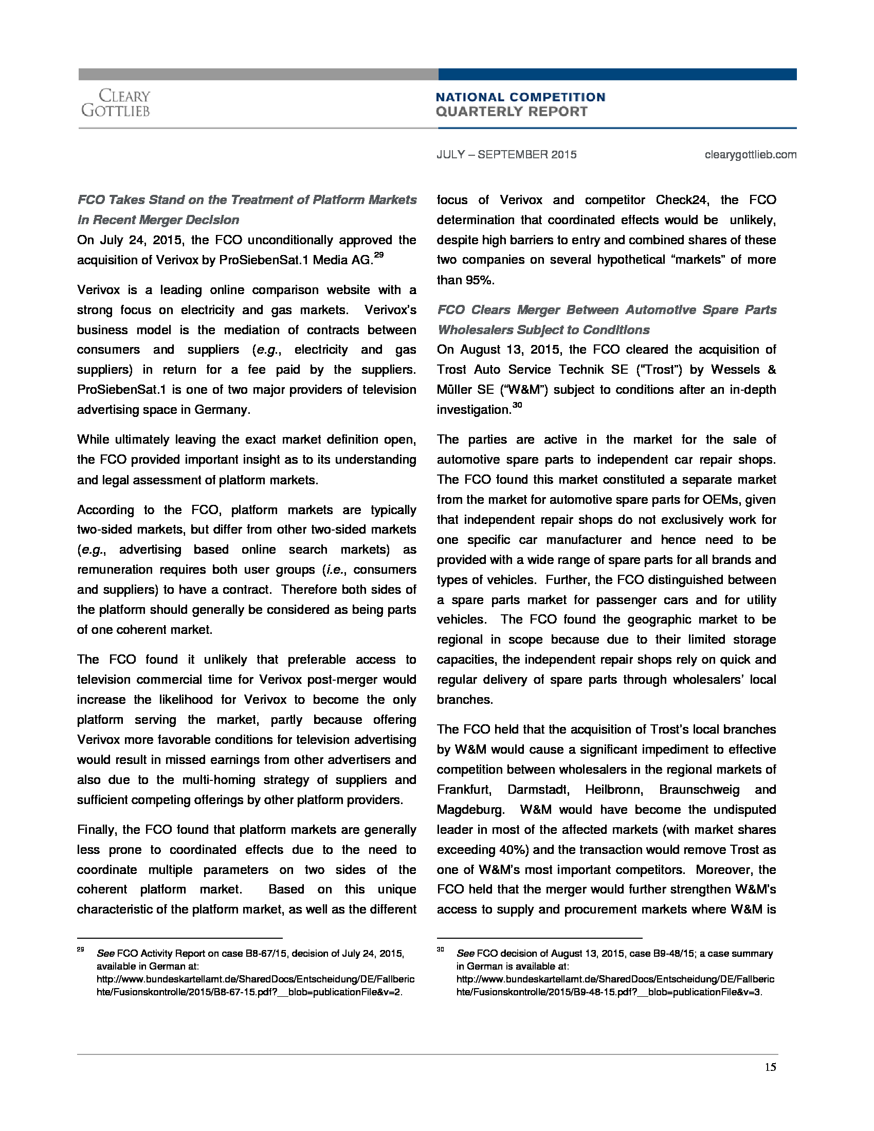 Advisorselect Cleary Gottlieb National Competition Quarterly